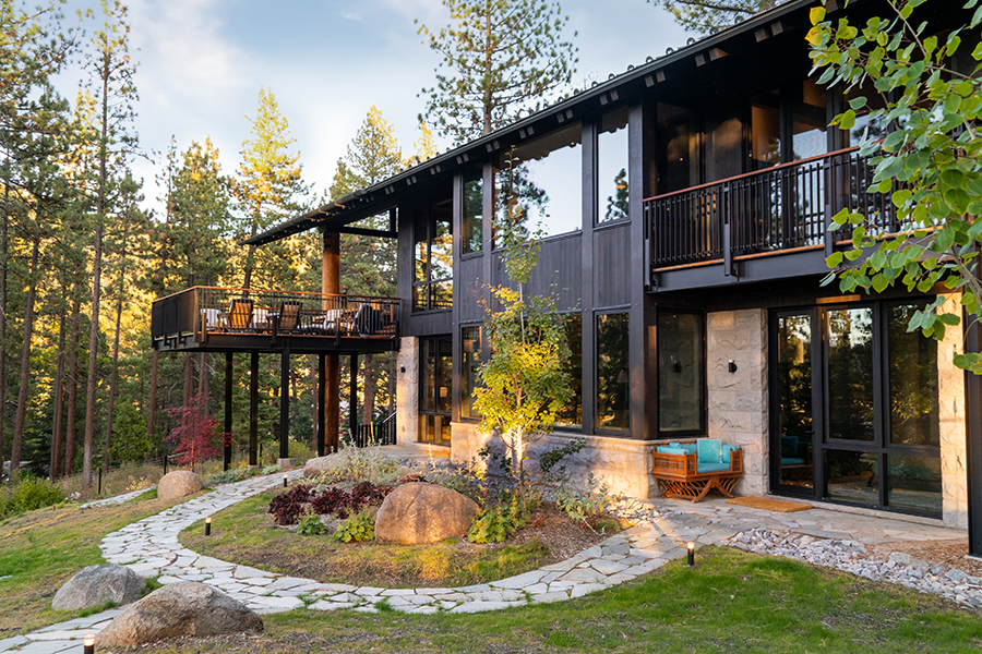 Contemporary Tahoe Mountain home at dusk